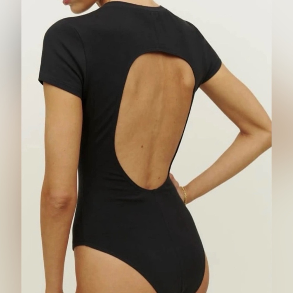 Reformation Black Open Back Short Sleeve Bodysuit XS Organic Cotton